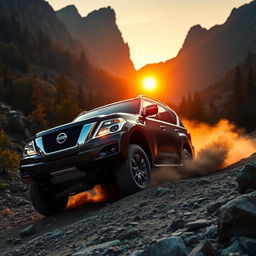 A stunning Nissan Patrol SUV driving through a rugged, mountainous terrain during the golden hour