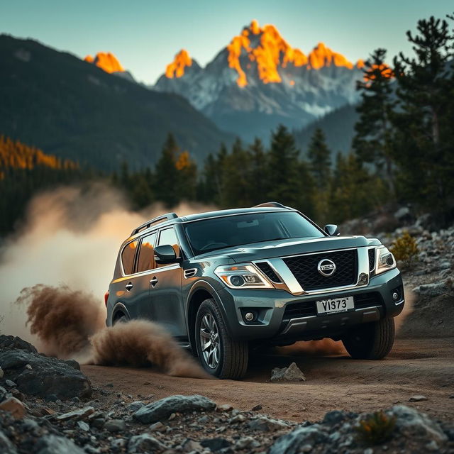 A stunning Nissan Patrol SUV driving through a rugged, mountainous terrain during the golden hour