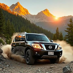 A stunning Nissan Patrol SUV driving through a rugged, mountainous terrain during the golden hour