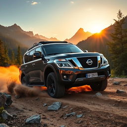 A stunning Nissan Patrol SUV driving through a rugged, mountainous terrain during the golden hour