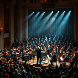 An elaborate and grand symphony orchestra performing on a majestic stage with a large audience