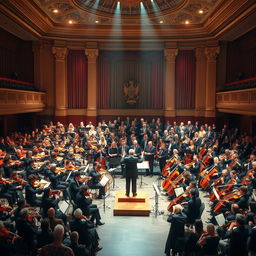 An elaborate and grand symphony orchestra performing on a majestic stage with a large audience