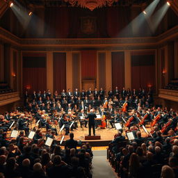 An elaborate and grand symphony orchestra performing on a majestic stage with a large audience