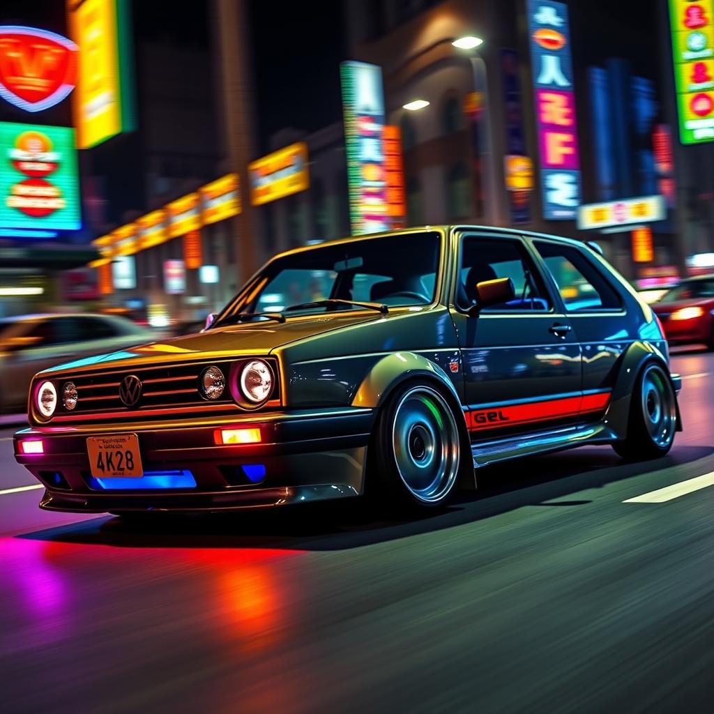 A modified Volkswagen Golf MK3 racing on a nighttime street, glowing with neon underglow lights in vibrant colors