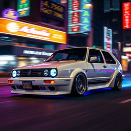 A modified Volkswagen Golf MK3 racing on a nighttime street, glowing with neon underglow lights in vibrant colors