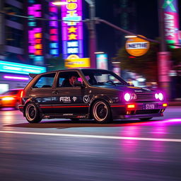 A modified Volkswagen Golf MK3 racing on a nighttime street, glowing with neon underglow lights in vibrant colors