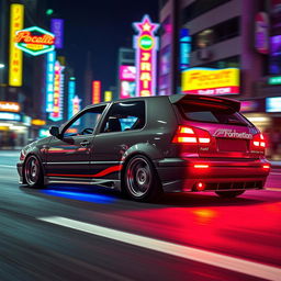 A modified Volkswagen Golf MK3 racing on a nighttime street, glowing with neon underglow lights in vibrant colors