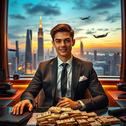 A young man in a luxurious setting, confidently dressed in a sharp suit, sitting at a grand desk filled with high-tech gadgets and piles of money