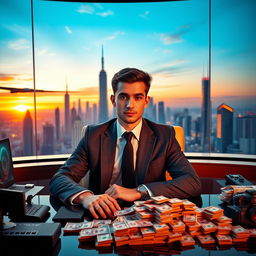 A young man in a luxurious setting, confidently dressed in a sharp suit, sitting at a grand desk filled with high-tech gadgets and piles of money