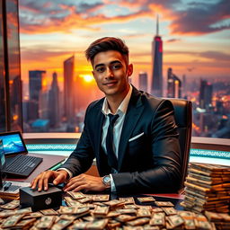 A young man in a luxurious setting, confidently dressed in a sharp suit, sitting at a grand desk filled with high-tech gadgets and piles of money