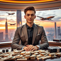 A young man in a luxurious setting, confidently dressed in a sharp suit, sitting at a grand desk filled with high-tech gadgets and piles of money