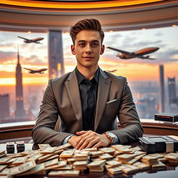 A young man in a luxurious setting, confidently dressed in a sharp suit, sitting at a grand desk filled with high-tech gadgets and piles of money