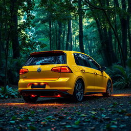 A vibrant yellow VW Golf Box 3 car featuring striking neon lights illuminating the underside