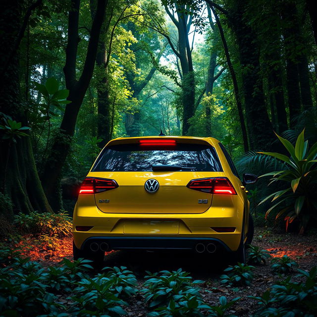 A vibrant yellow VW Golf Box 3 car featuring striking neon lights illuminating the underside