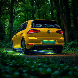 A vibrant yellow VW Golf Box 3 car featuring striking neon lights illuminating the underside