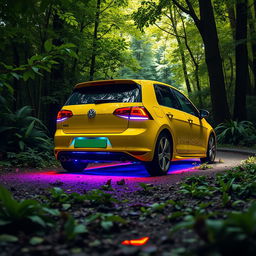 A vibrant yellow VW Golf Box 3 car featuring striking neon lights illuminating the underside