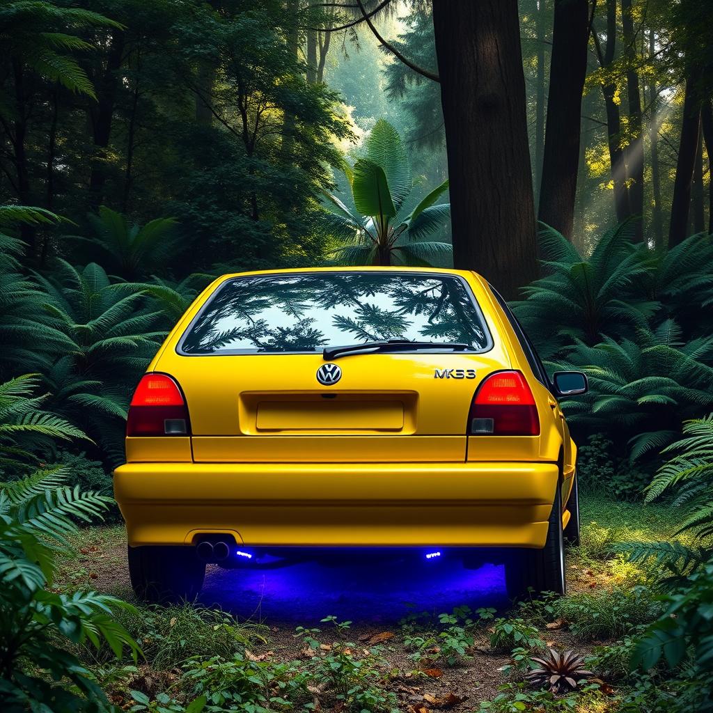 A bright yellow VW Golf MK3 car featuring vibrant neon lights illuminating the underside, parked in a lush, green forest
