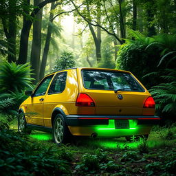 A bright yellow VW Golf MK3 car featuring vibrant neon lights illuminating the underside, parked in a lush, green forest