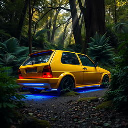 A bright yellow VW Golf MK3 car featuring vibrant neon lights illuminating the underside, parked in a lush, green forest