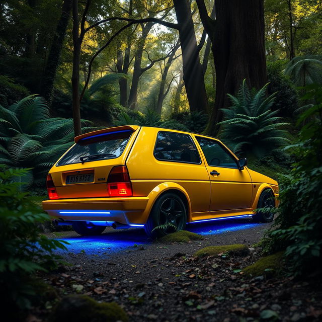 A bright yellow VW Golf MK3 car featuring vibrant neon lights illuminating the underside, parked in a lush, green forest