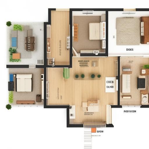 Generate a detailed and accurate first floor map of a typical house, including rooms layout, doors, and windows.