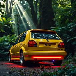 A bright yellow VW Golf MK3 car featuring vibrant neon lights illuminating the underside, parked in a lush, green forest