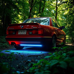 A vibrant red BMW E34 car featuring striking neon lights illuminating underneath it, parked in a lush, verdant forest teeming with abundant greenery