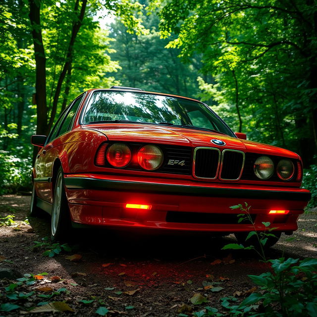 A vibrant red BMW E34 car featuring striking neon lights illuminating underneath it, parked in a lush, verdant forest teeming with abundant greenery