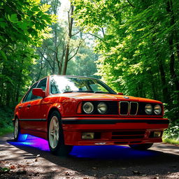 A vibrant red BMW E34 car featuring striking neon lights illuminating underneath it, parked in a lush, verdant forest teeming with abundant greenery