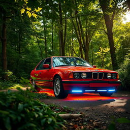 A vibrant red BMW E34 car featuring striking neon lights illuminating underneath it, parked in a lush, verdant forest teeming with abundant greenery