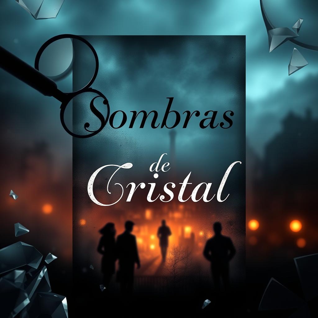 A captivating book cover for a mystery and suspense novel titled 'Sombras de Cristal'