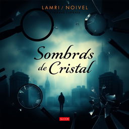 A captivating book cover for a mystery and suspense novel titled 'Sombras de Cristal'