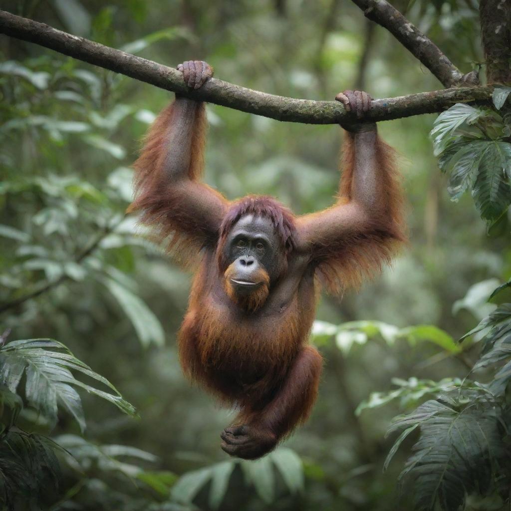 An orangutan in its natural habitat, hanging from a tree, surrounded by verdant, tropical rainforest foliage.