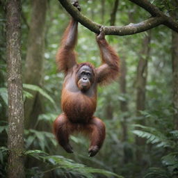 An orangutan in its natural habitat, hanging from a tree, surrounded by verdant, tropical rainforest foliage.