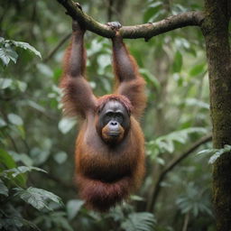 An orangutan in its natural habitat, hanging from a tree, surrounded by verdant, tropical rainforest foliage.