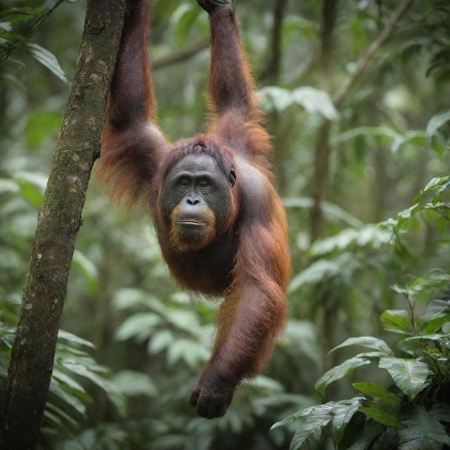 An orangutan in its natural habitat, hanging from a tree, surrounded by verdant, tropical rainforest foliage.