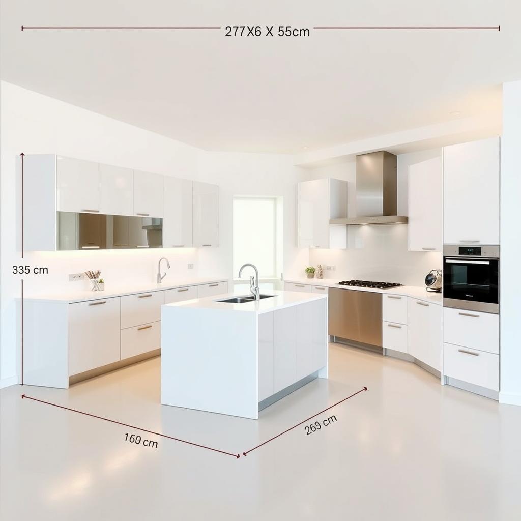 A modern kitchen with precise dimensions and layout