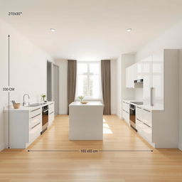 A modern kitchen with precise dimensions and layout