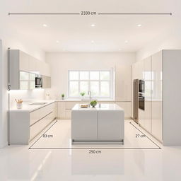 A modern kitchen with precise dimensions and layout