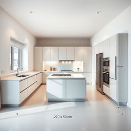 A modern kitchen with precise dimensions and layout