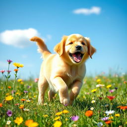 A playful golden retriever puppy frolicking in a sunlit meadow, surrounded by colorful wildflowers