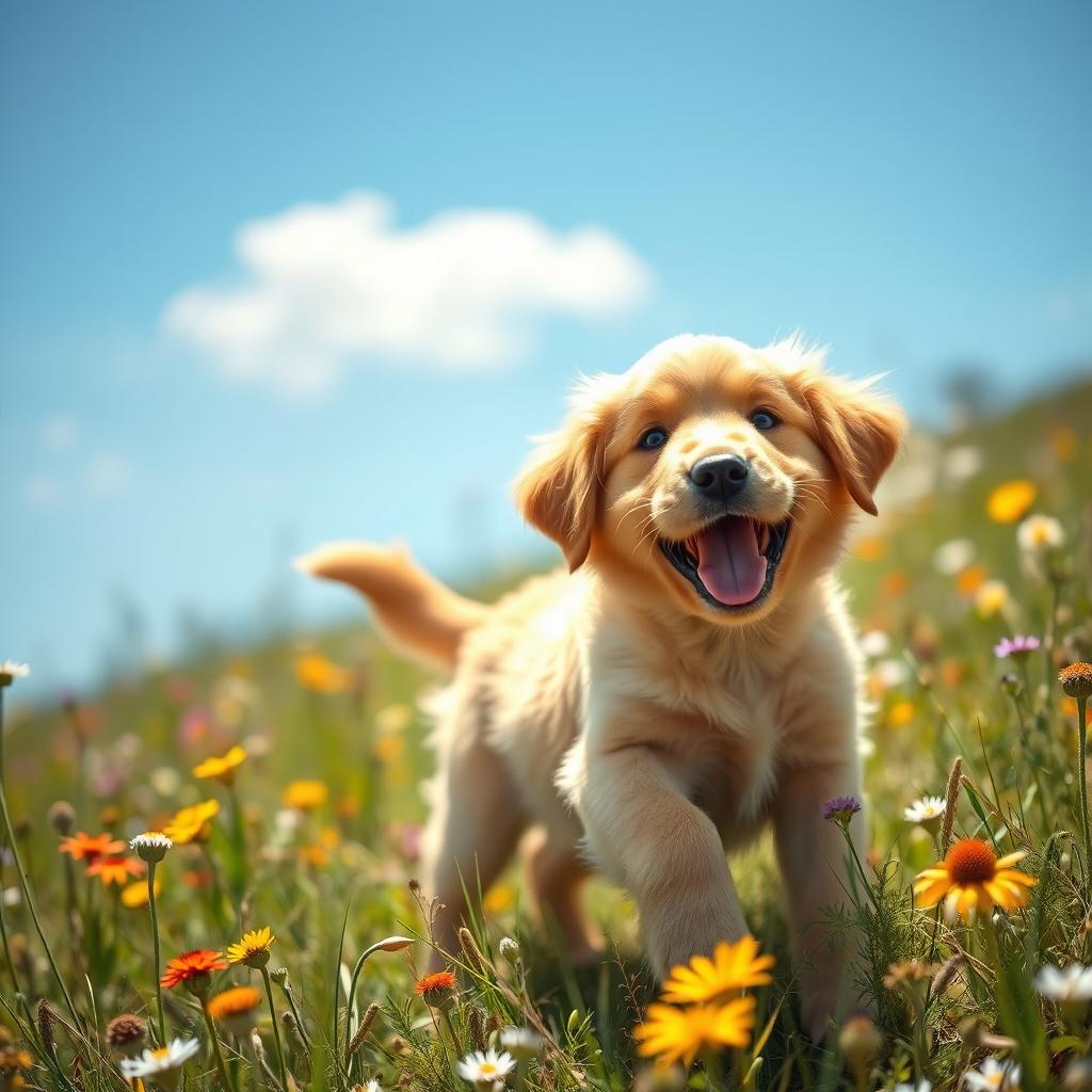 A playful golden retriever puppy frolicking in a sunlit meadow, surrounded by colorful wildflowers