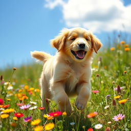 A playful golden retriever puppy frolicking in a sunlit meadow, surrounded by colorful wildflowers