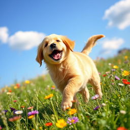 A playful golden retriever puppy frolicking in a sunlit meadow, surrounded by colorful wildflowers