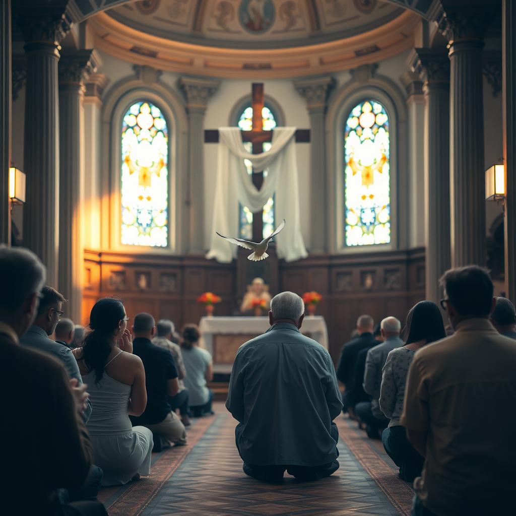 A serene and beautiful temple interior with several individuals kneeling in prayer