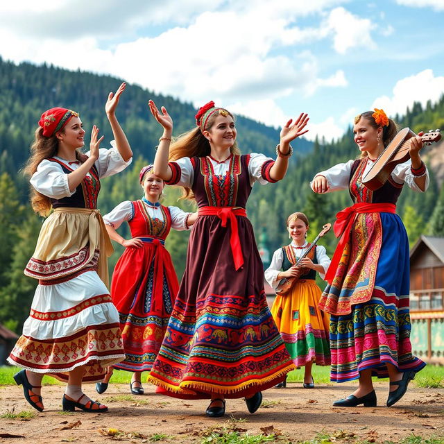 A vibrant and colorful representation of the traditional dances of the people of Russia, showcasing a diverse group of dancers in traditional costumes