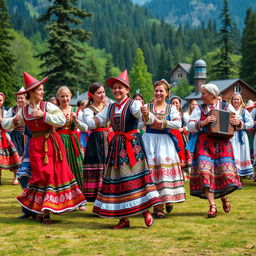 A vibrant and colorful representation of the traditional dances of the people of Russia, showcasing a diverse group of dancers in traditional costumes