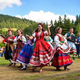 A vibrant and colorful representation of the traditional dances of the people of Russia, showcasing a diverse group of dancers in traditional costumes