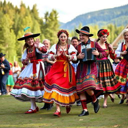 A vibrant and colorful representation of the traditional dances of the people of Russia, showcasing a diverse group of dancers in traditional costumes