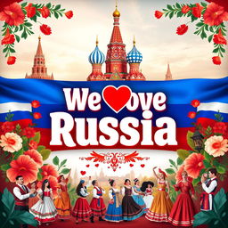 An eye-catching poster for the event titled "We Love Russia" featuring patriotic themes and symbols